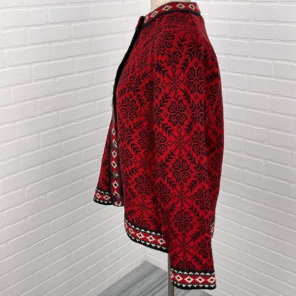 LL Bean Cardigan Women Small Regular Black Red Snowflake Merino Wool Latvia - Picture 3 of 12